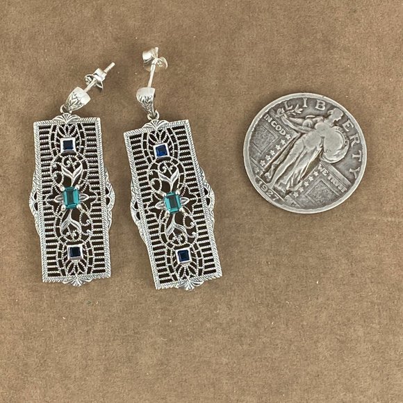 Hand Crafted Natural 1CT TW Apatite & Sapphire 925 Sterling Filigree Earrings - Picture 4 of 6